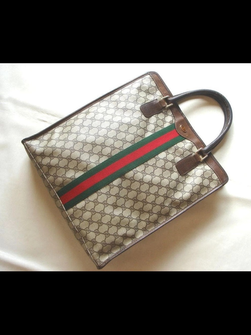 Gucci Beige GG Canvas Tote with Green and Red Web Stripe and Brown Trim